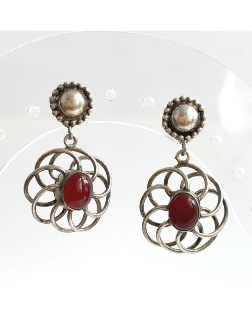 Carnelian Accented Scalloped Vintage Sterling Silver 925 Drop Southwest Earrings